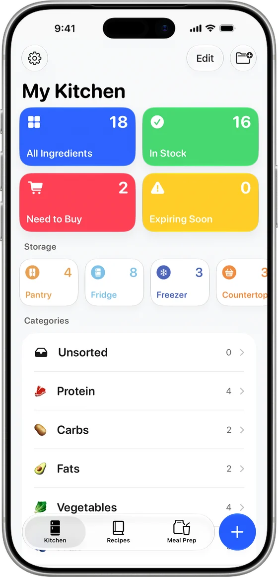 EasyPantry kitchen overview with ingredient counts by status
