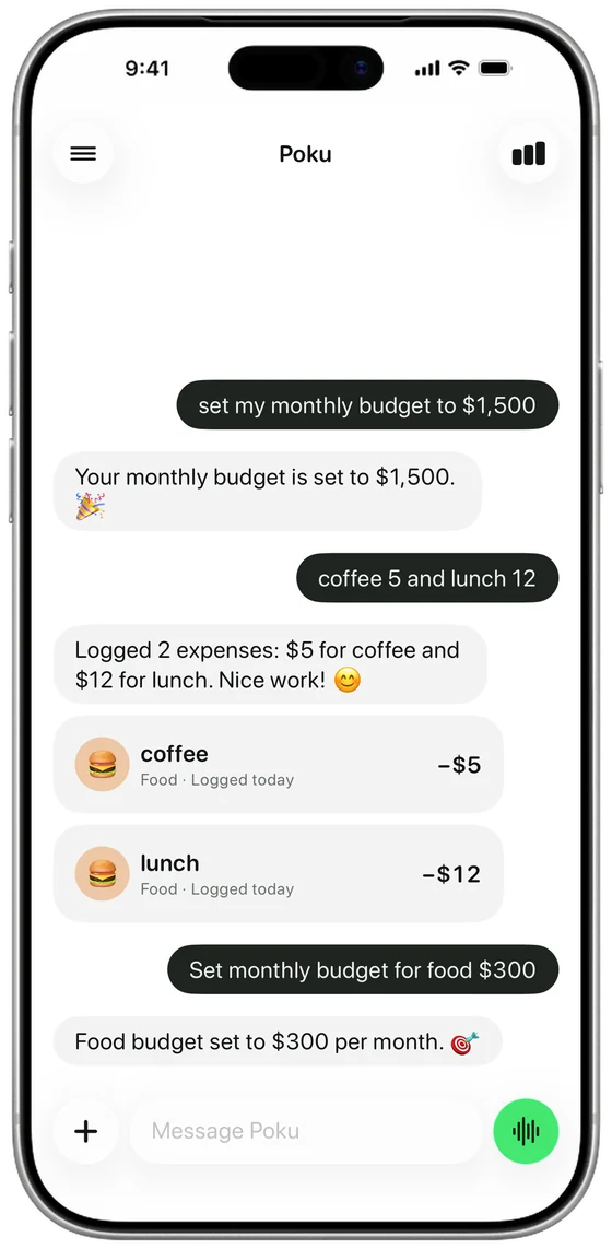 Poku chat: a monthly budget set, then coffee and lunch logged from one message